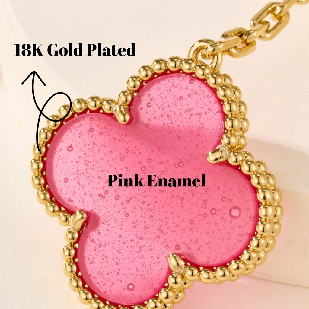 [2026 Edition] 18K Gold Plated, Pink Enamel Jewelry Set, Yellow Gold, Bracelet, Pendent Necklace, Earrings, Luxury Packing