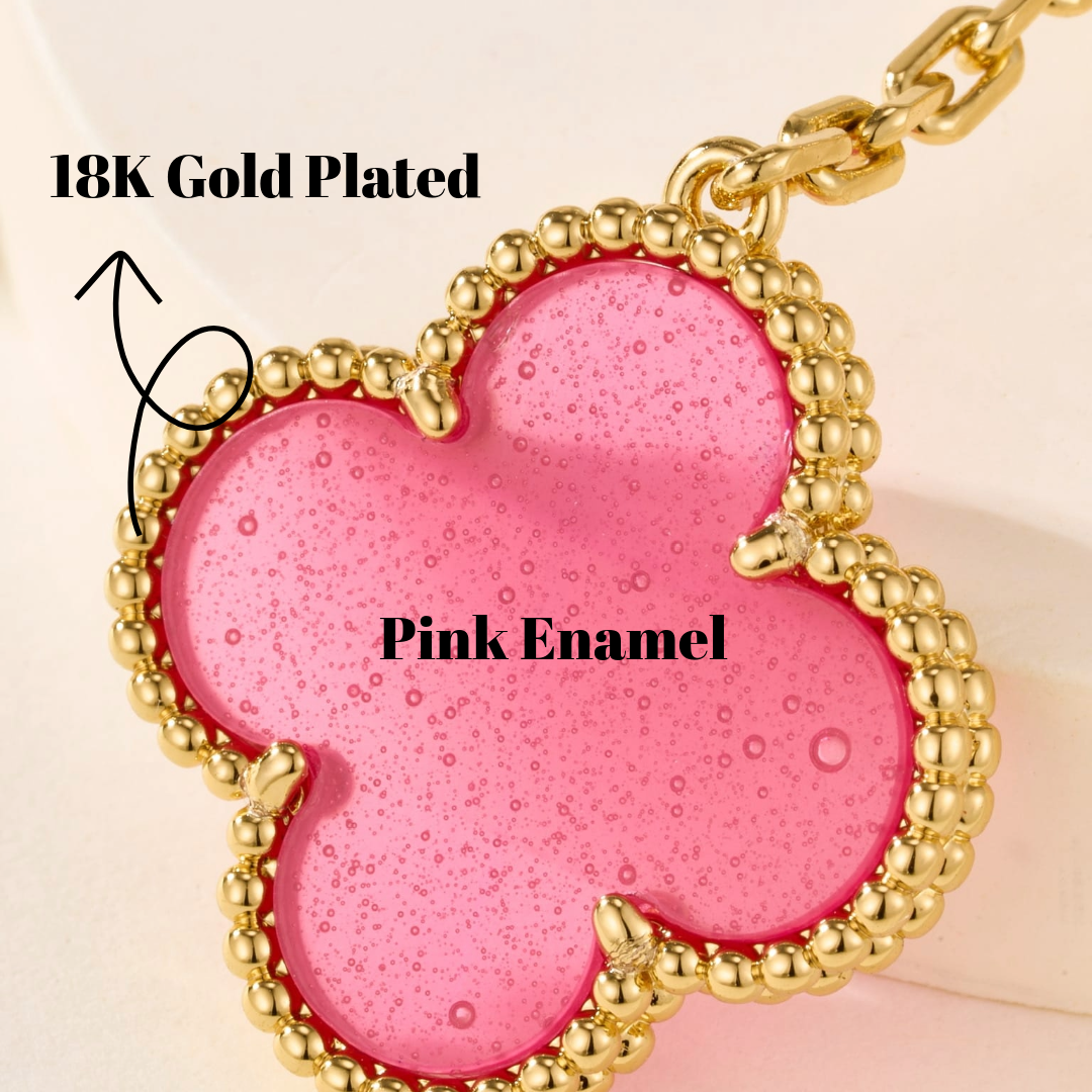 [2026 Edition] 18K Gold Plated, Pink Enamel Jewelry Set, Yellow Gold, Bracelet, Pendent Necklace, Earrings, Luxury Packing