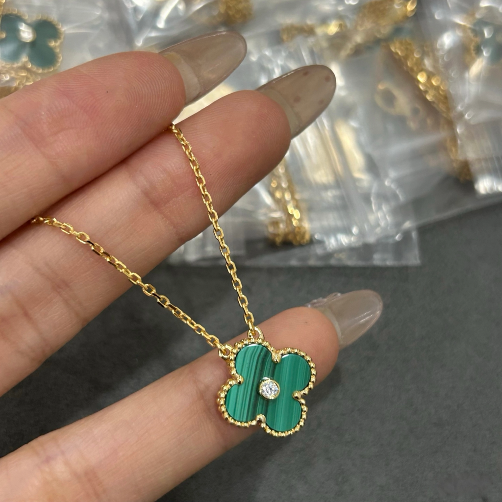18K Gold Plated Alhambra Necklace, Yellow Gold with Malachite, with VCA Necklace box set