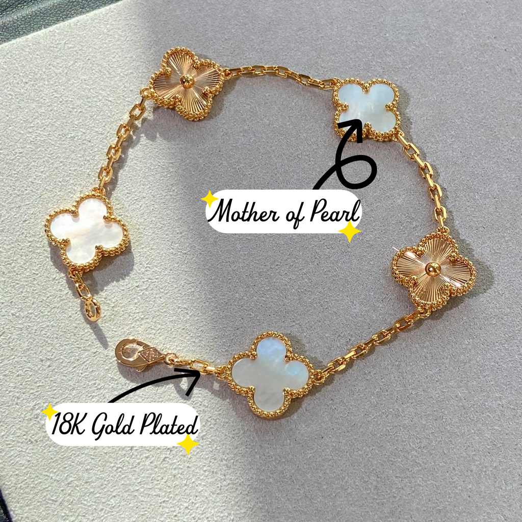 18K Plated, Mother of Pearl Clovers Bracelet, 19 cm 5 motifs, Yellow Gold, VCA Packaging