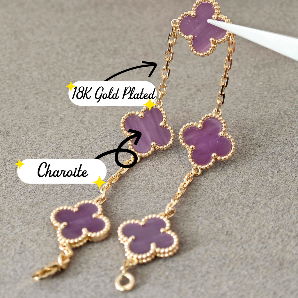 18K Gold Plated, Alhambra Bracelet, Charoite, Yellow Gold 5 motifs 19 cm, with VCA Box Set