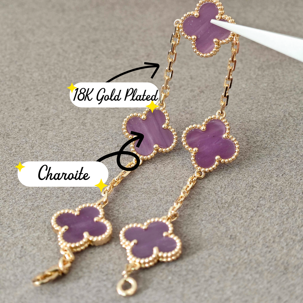 18K Gold Plated, Alhambra Bracelet, Charoite, Yellow Gold 5 motifs 19 cm, with VCA Box Set