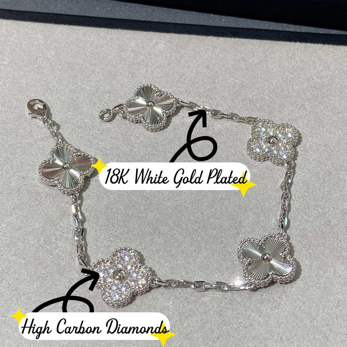 [RARE SALE] 18K White Gold Plated, High Carbon Diamonds Clovers Bracelet, 19 cm 5 motifs, White Gold, VCA Packaging