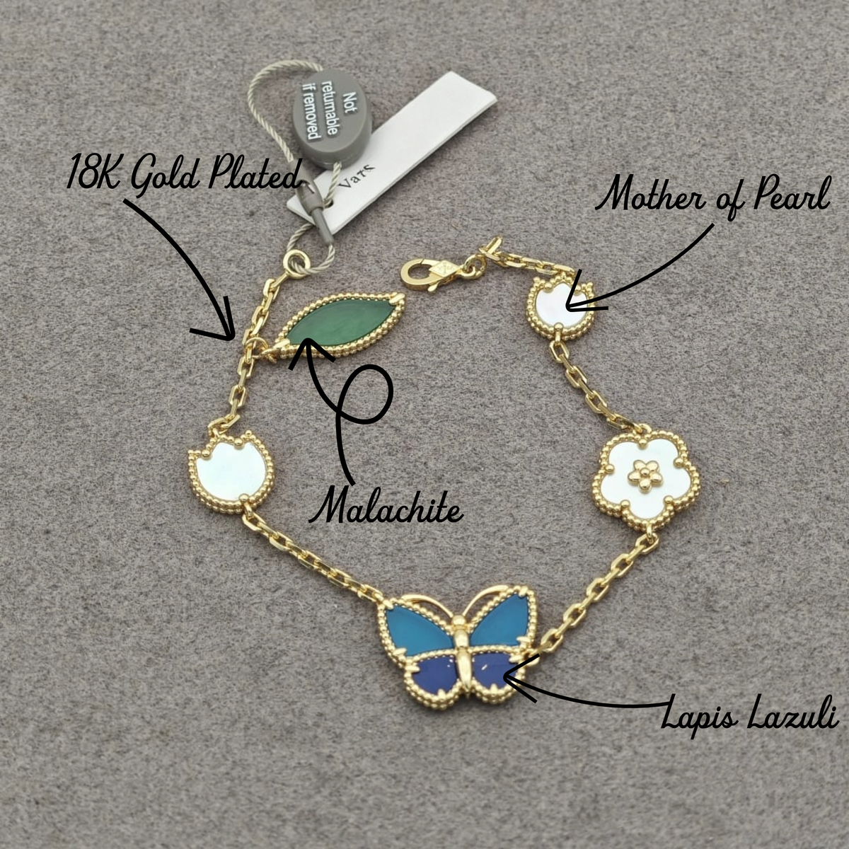 18K Gold Plated Lapis Lazuli Spring Series Bracelet, Yellow Gold 5 motifs 19 cm, with VCA Box Set