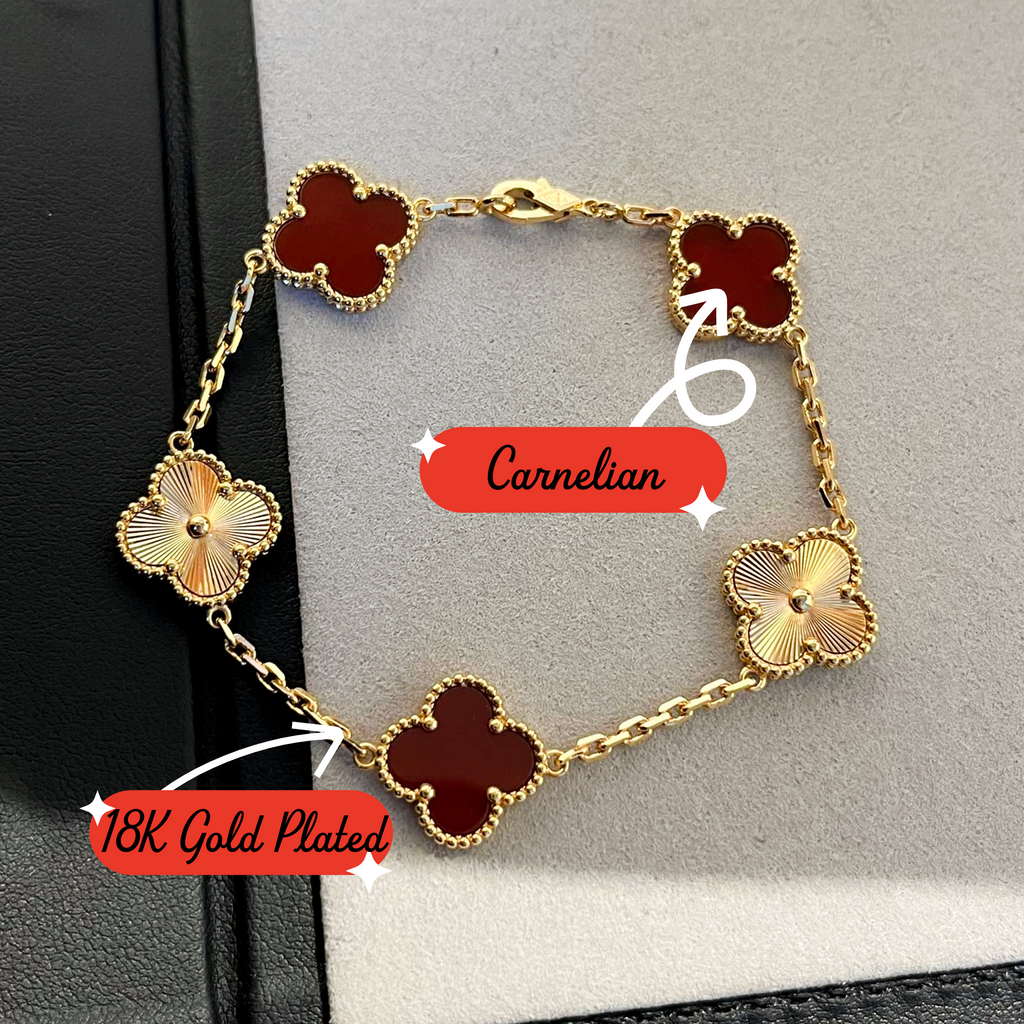 18K Gold Plated Carnelian Alhambra Bracelet, Yellow Gold 5 motifs 19 cm, with VCA Box Set
