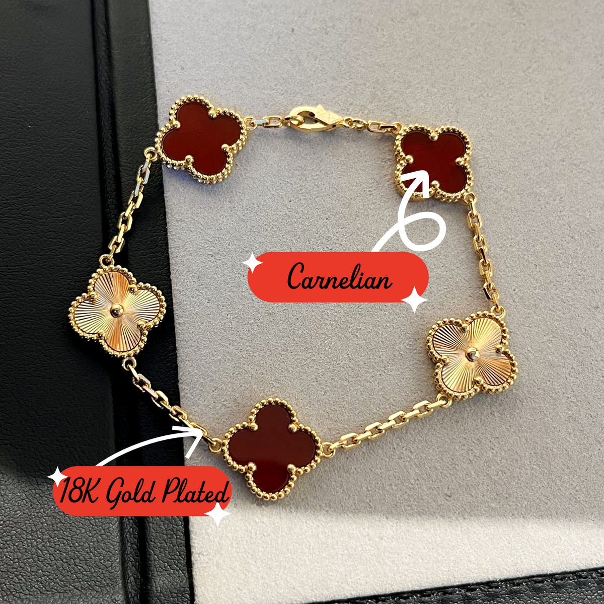 18K Gold Plated Carnelian Alhambra Bracelet, Yellow Gold 5 motifs 19 cm, with VCA Box Set