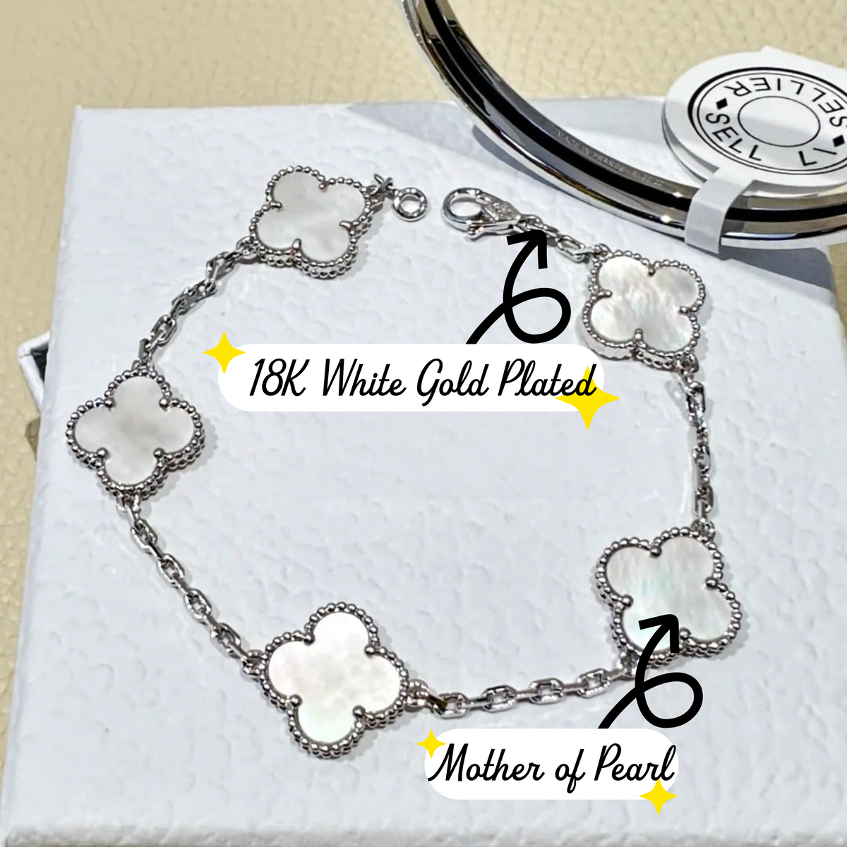[RARE SALE] 18K White Gold Plated, Mother of Peral Clovers Bracelet, 19 cm 5 motifs, White Gold, VCA Packaging