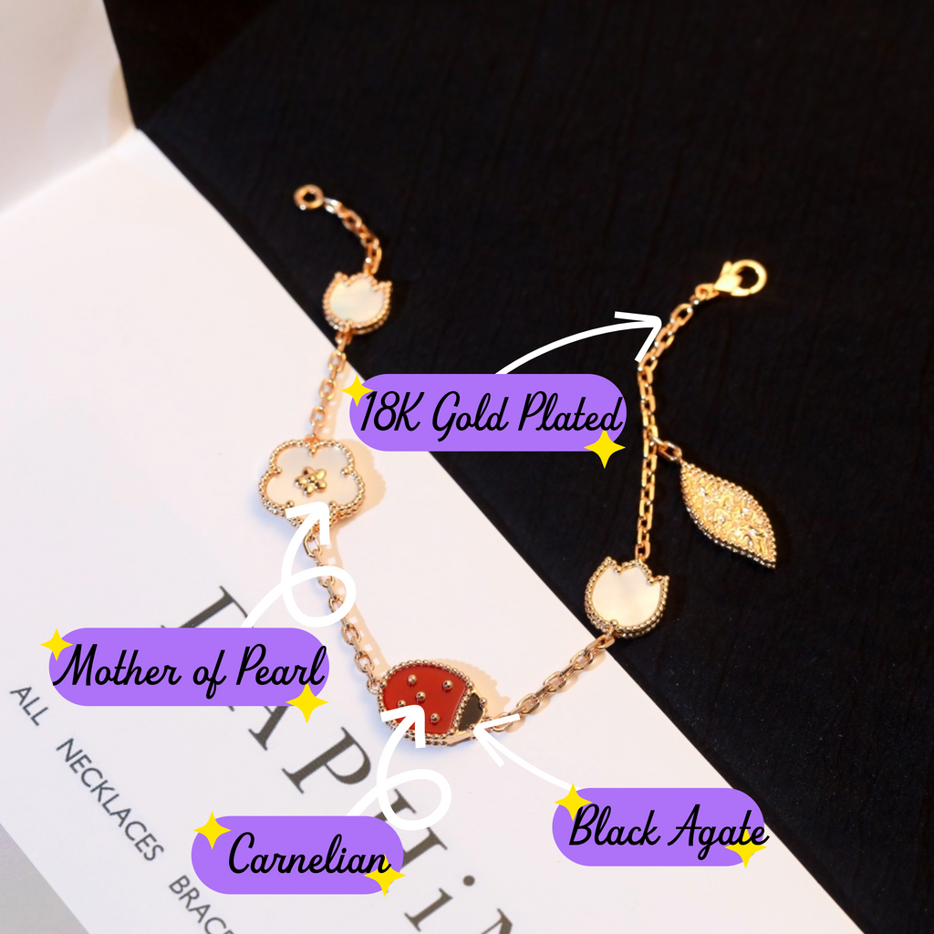 18K Gold Plated, Lucky Spring Series, Carnrlian, Yellow Gold Bracelet 19 cm, VCA Box Packaging