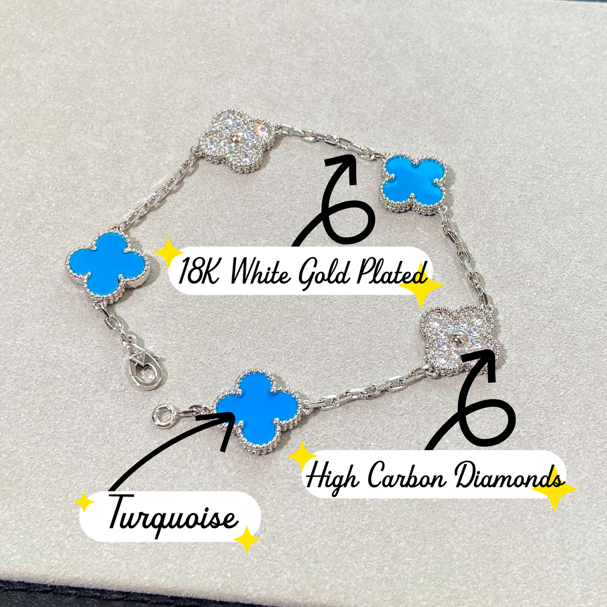 18K White Gold Plated Turquoise Alhambra Bracelet, White Gold 5 motifs 19 cm, VCA Packing