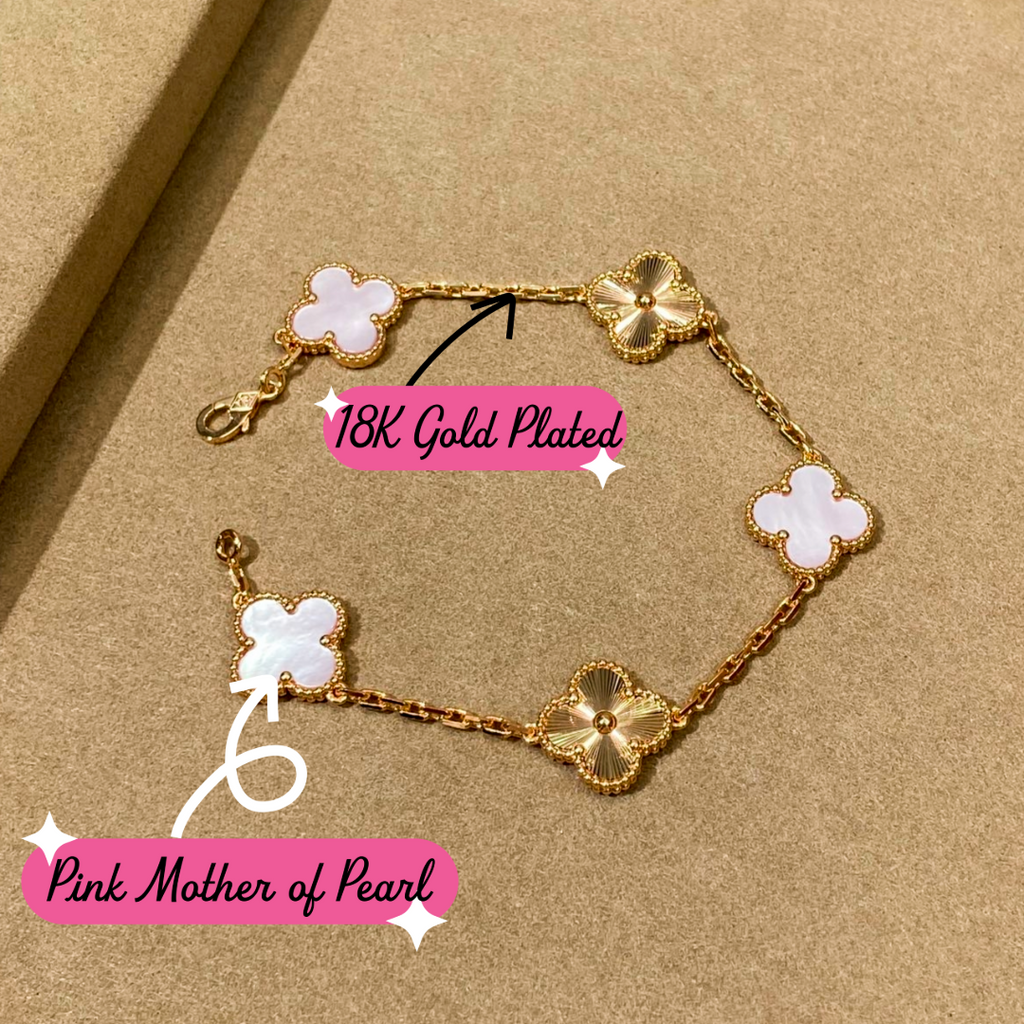 18K Plated, Pink Mother of Pearl Clovers Bracelet, 19 cm 5 motifs, Yellow Gold, VCA Packaging