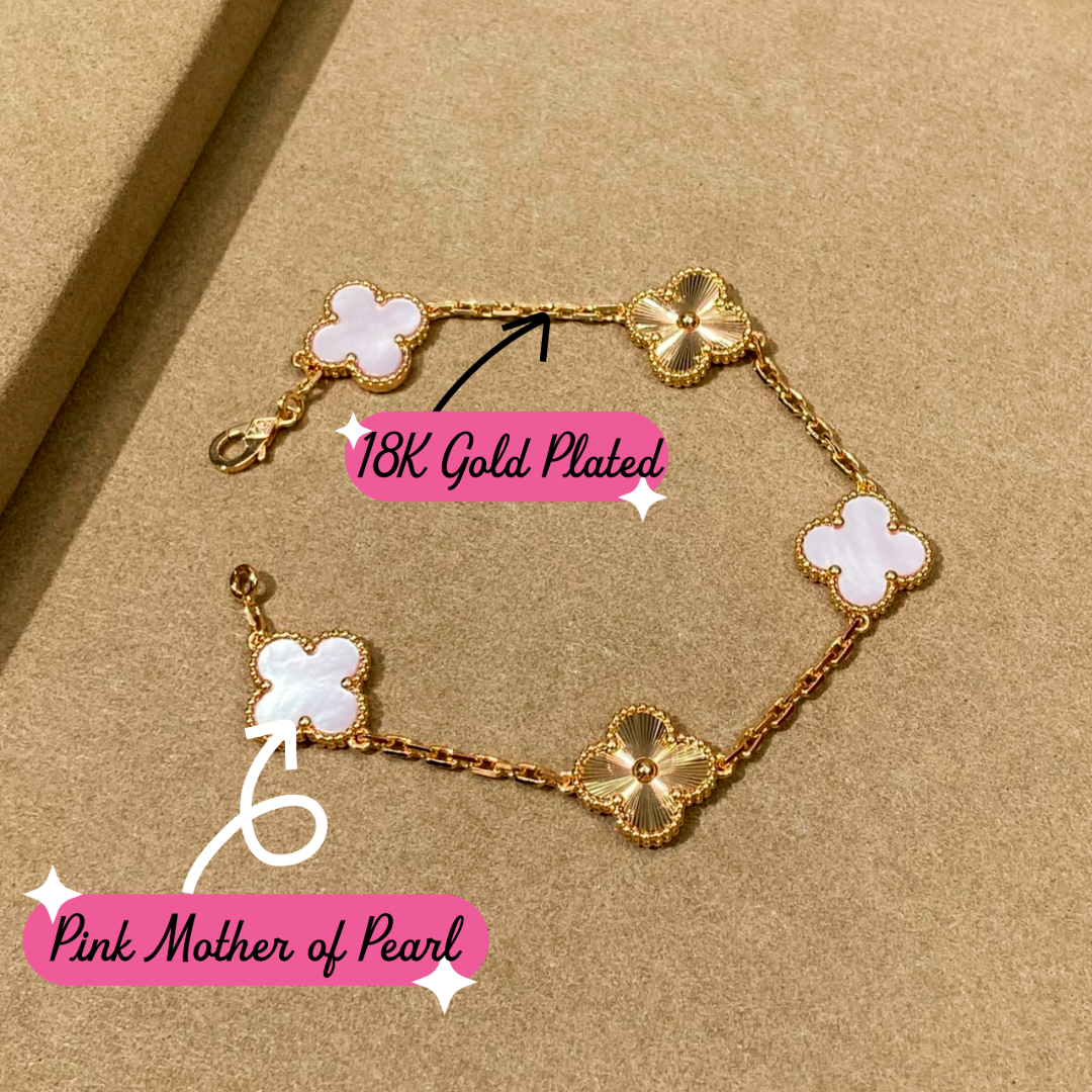 18K Plated, Pink Mother of Pearl Clovers Bracelet, 19 cm 5 motifs, Yellow Gold, VCA Packaging