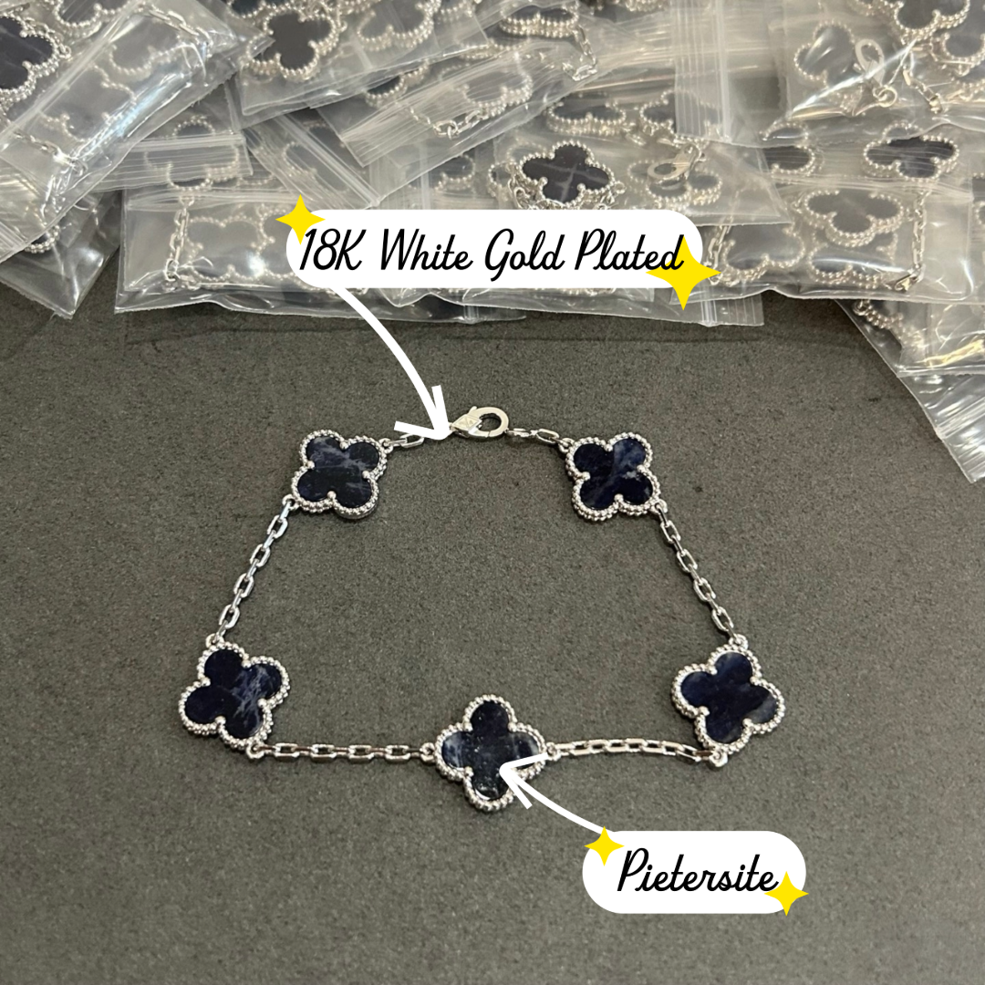 [RARE SALE] 18K White Gold Plated, Pietersite Clovers Bracelet, 19 cm 5 motifs, White Gold, VCA Packaging