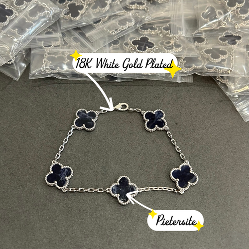 [RARE SALE] 18K White Gold Plated, Pietersite Clovers Bracelet, 19 cm 5 motifs, White Gold, VCA Packaging