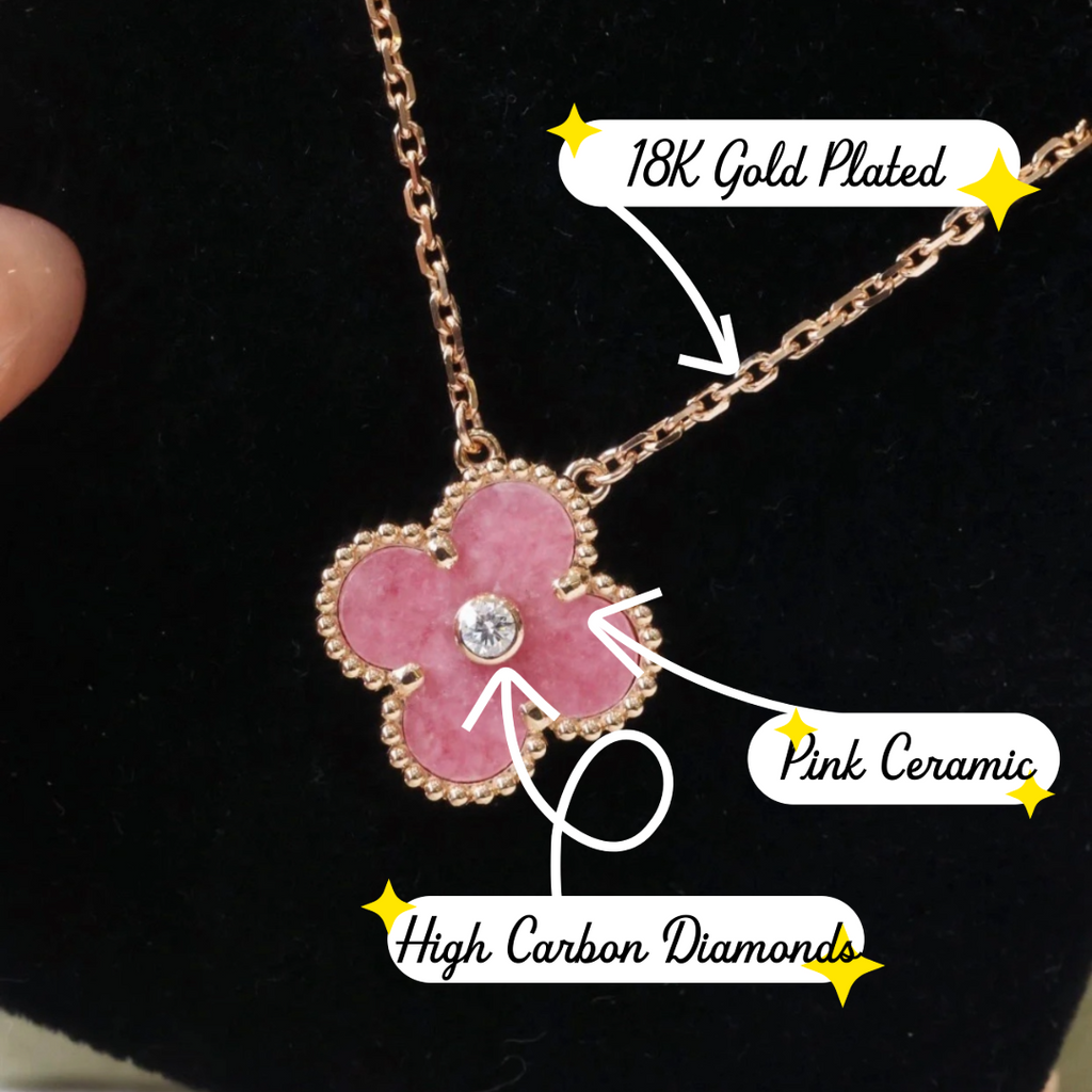 18K Gold Plated Alhambra Necklace, Yellow Gold with Pink Ceramic, with VCA Necklace box set