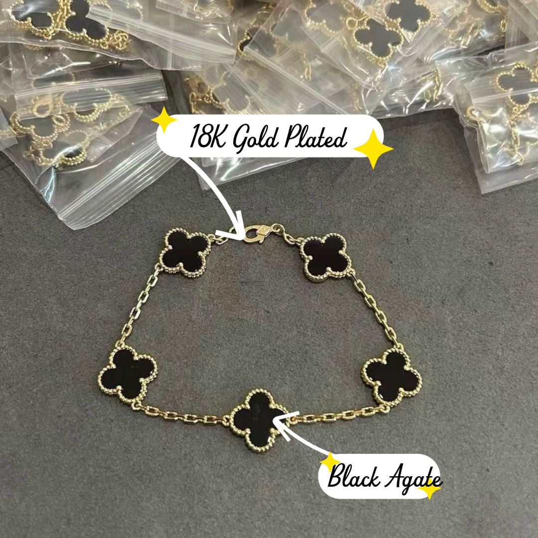 [RARE SALE] Black Agate Bracelet, Yellow Gold 5 motifs, 19 cm, VCA Packaging