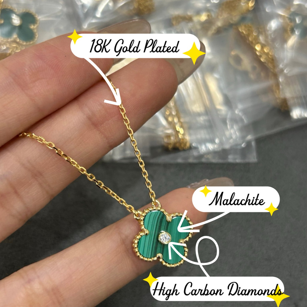 18K Gold Plated Alhambra Necklace, Yellow Gold with Malachite, with VCA Necklace box set