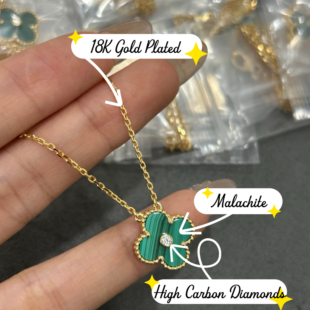 18K Gold Plated Alhambra Necklace, Yellow Gold with Malachite, with VCA Necklace box set