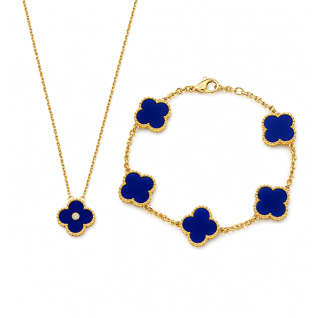 18K Gold Plated, Blue Chalcedony Clovers Jewelry Set, Yellow Gold, Bracelet, Pendent Necklace
