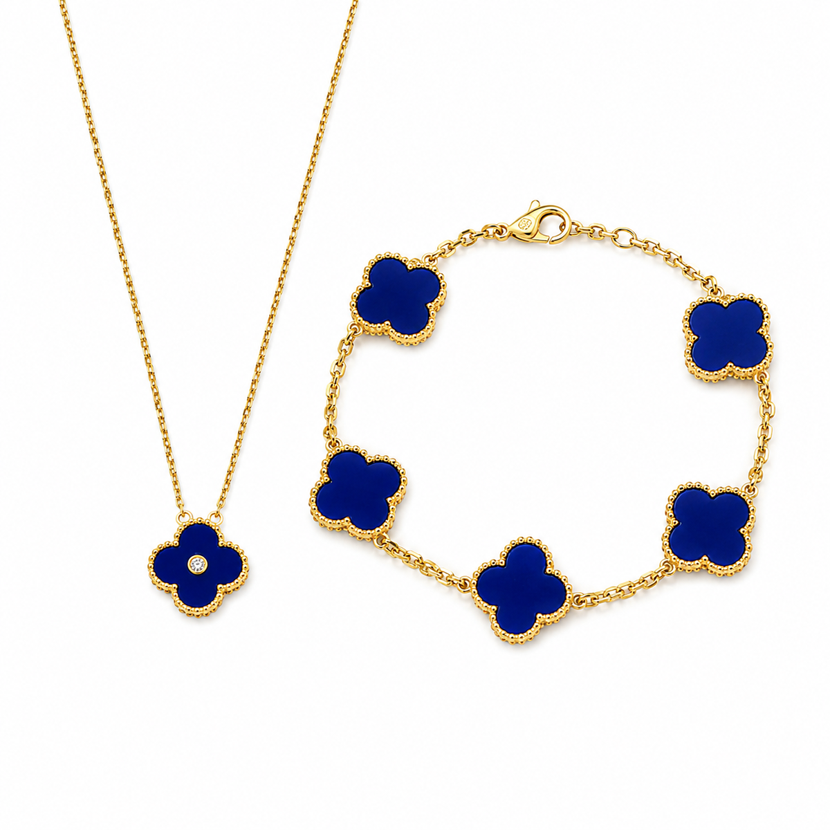 18K Gold Plated, Blue Chalcedony Clovers Jewelry Set, Yellow Gold, Bracelet, Pendent Necklace
