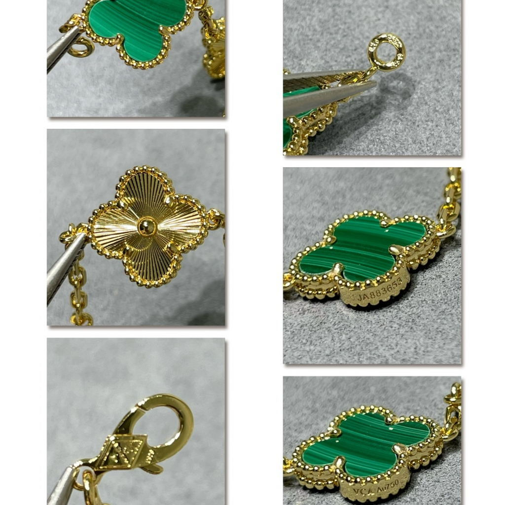 18K Gold Plated, Malachite Alhambra Bracelet, Yellow Gold 5 motifs 19 cm, with VCA Packaging