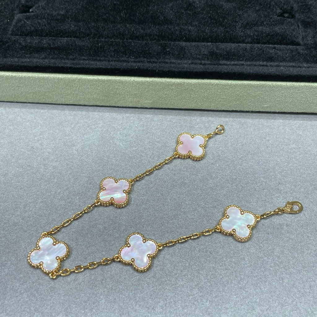 Pink Mother of Pearl Clover Bracelet, Gold Plated