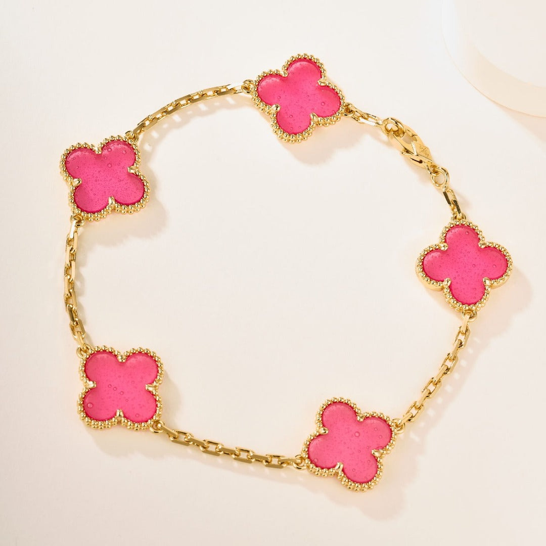 18K Gold Plated, Pink Enamel Clovers Bracelet, 19 cm 5 motifs, Yellow Gold, VCA Packaging [2026 Edition]
