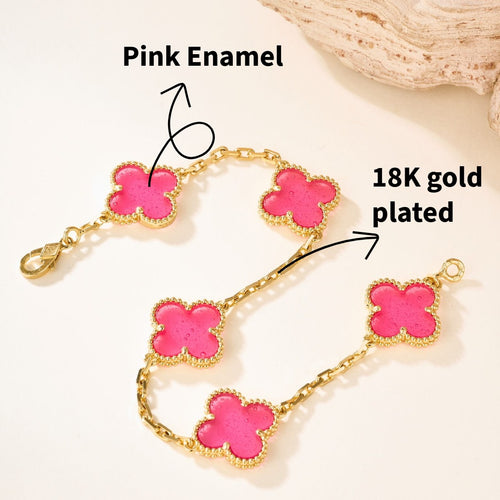 18K Gold Plated, Pink Enamel Clovers Bracelet, 19 cm 5 motifs, Yellow Gold, VCA Packaging [2026 Edition]