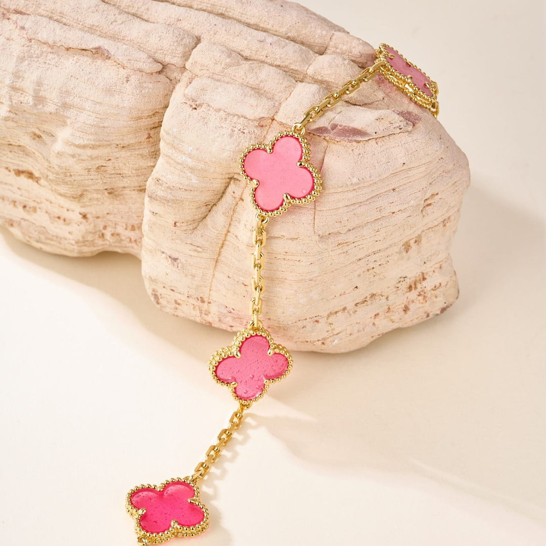 [2026 Edition] 18K Gold Plated, Pink Enamel Jewelry Set, Yellow Gold, Bracelet, Pendent Necklace, Earrings, Luxury Packing