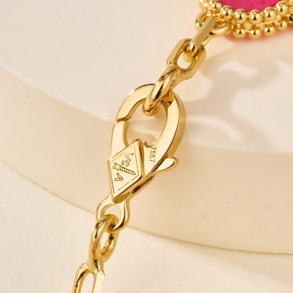 18K Gold Plated, Pink Enamel Clovers Bracelet, 19 cm 5 motifs, Yellow Gold, VCA Packaging [2026 Edition]