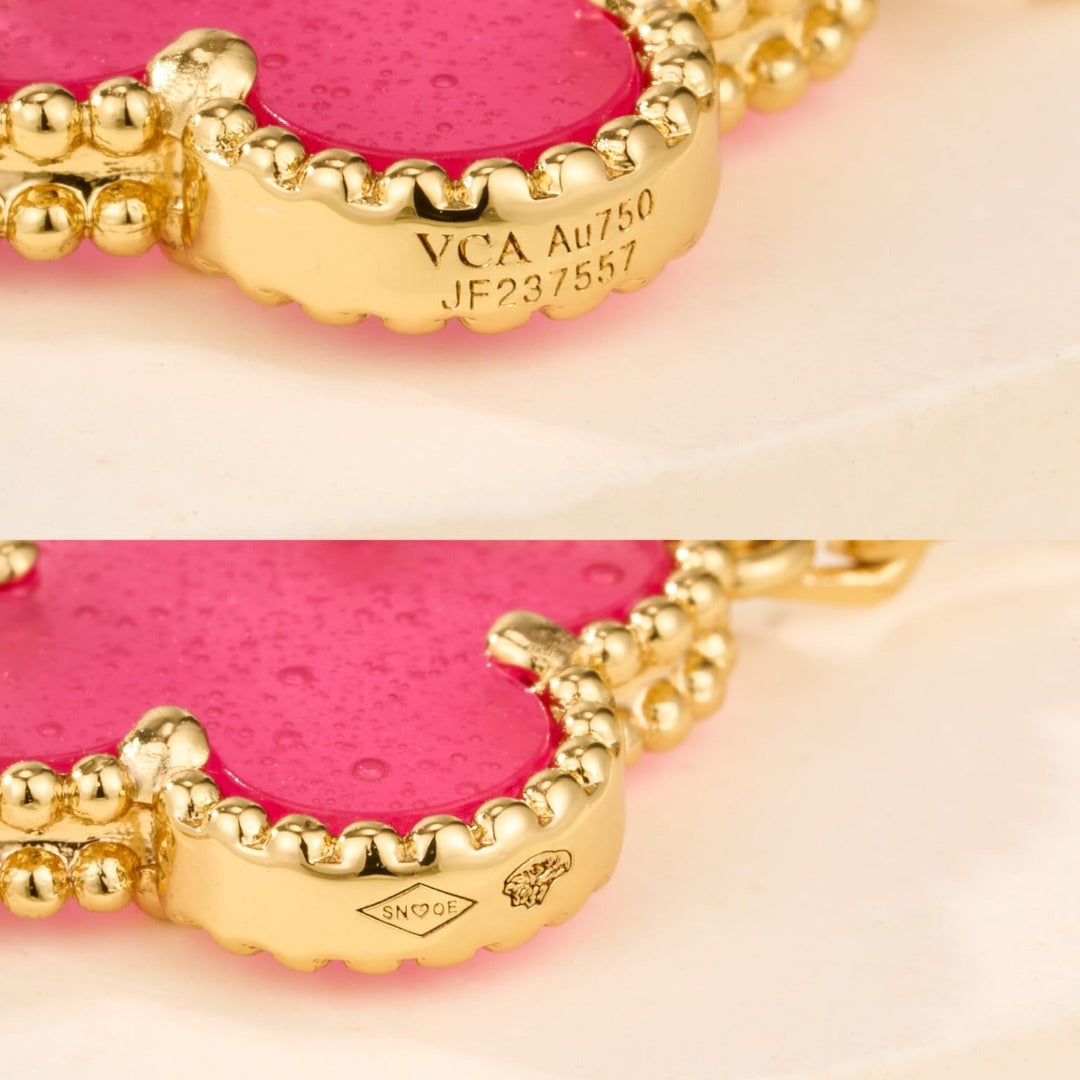 18K Gold Plated, Pink Enamel Clovers Bracelet, 19 cm 5 motifs, Yellow Gold, VCA Packaging [2026 Edition]