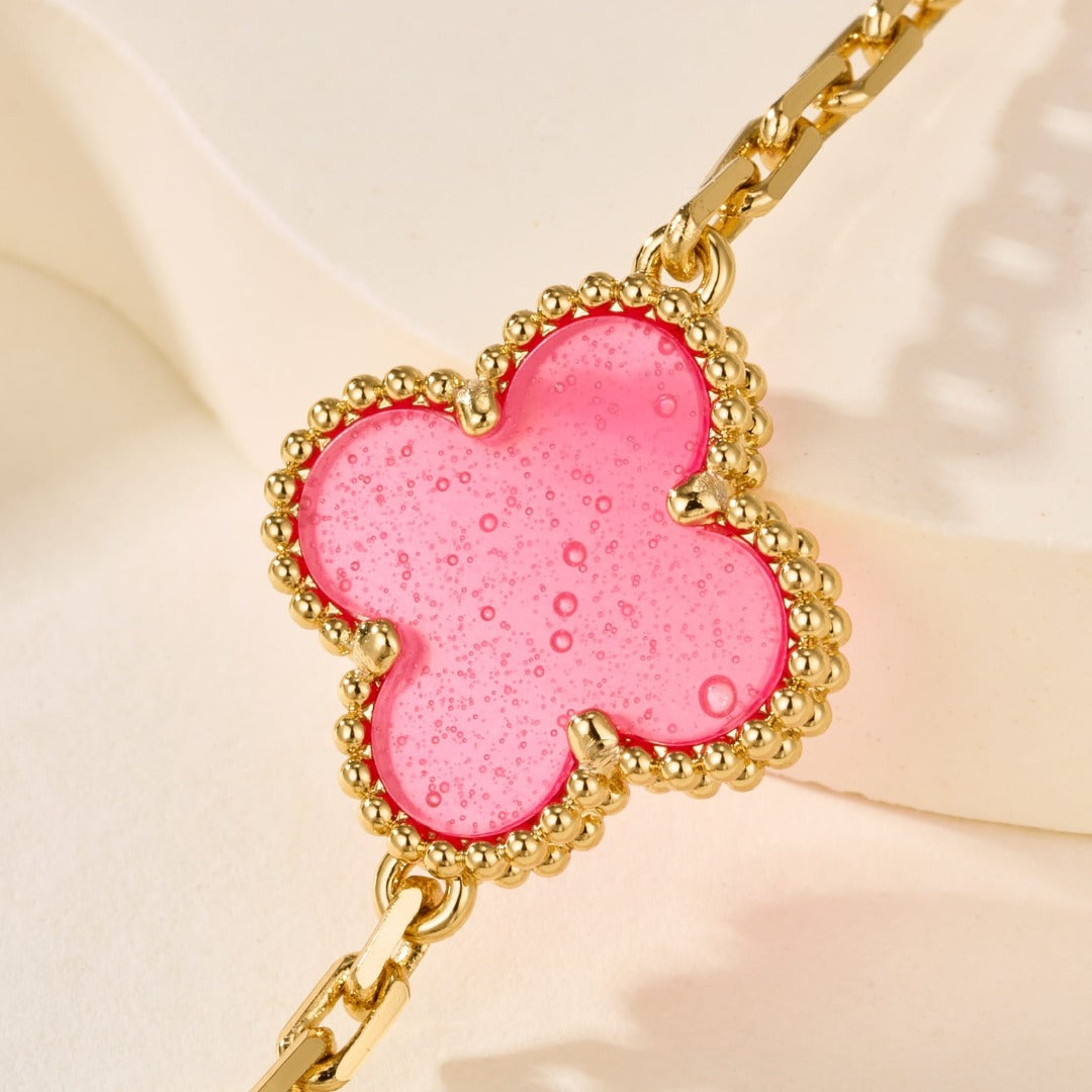 18K Gold Plated, Pink Enamel Clovers Bracelet, 19 cm 5 motifs, Yellow Gold, VCA Packaging [2026 Edition]