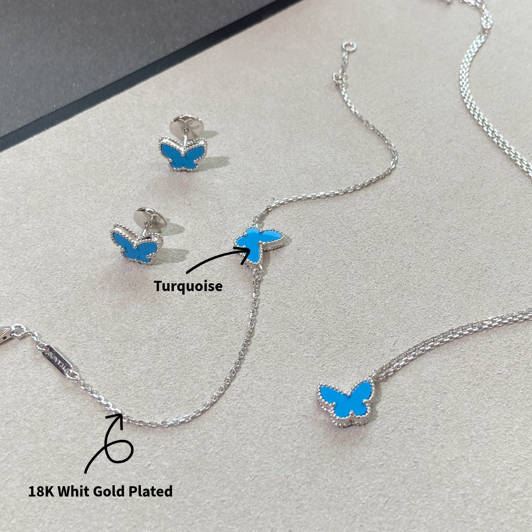 18K White Gold Plated, Turquoise Butterfly Jewelry Set, White Gold, Bracelet, Pendent Necklace, Earrings, Luxury Packing
