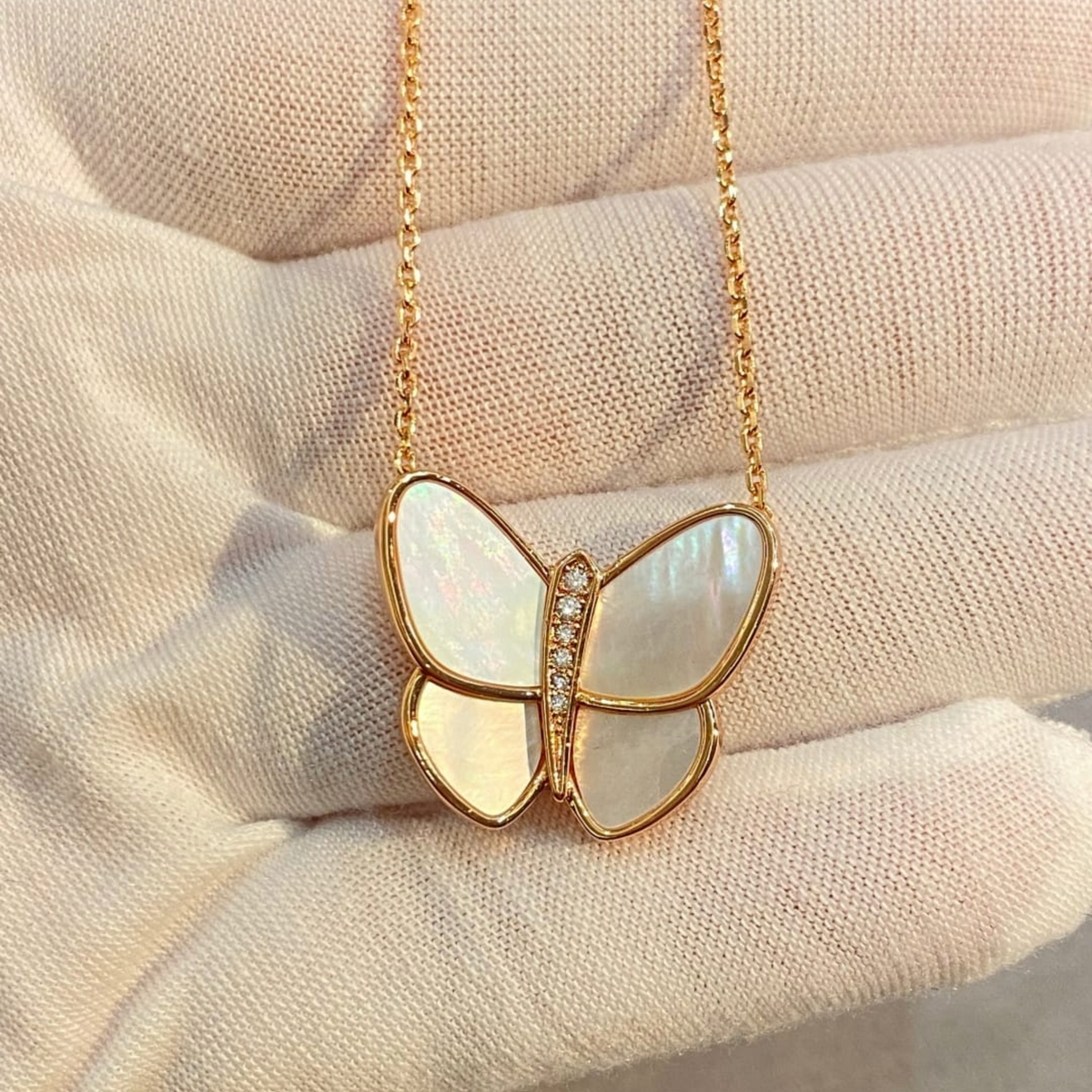 18K Gold Plated, Mother of Pearl Butterfly Necklace, Rose Gold, VCA Packaging