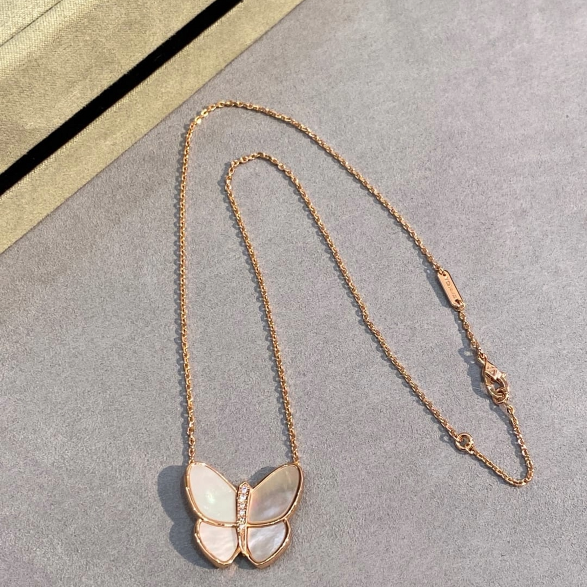 18K Gold Plated, Mother of Pearl Butterfly Necklace, Rose Gold, VCA Packaging