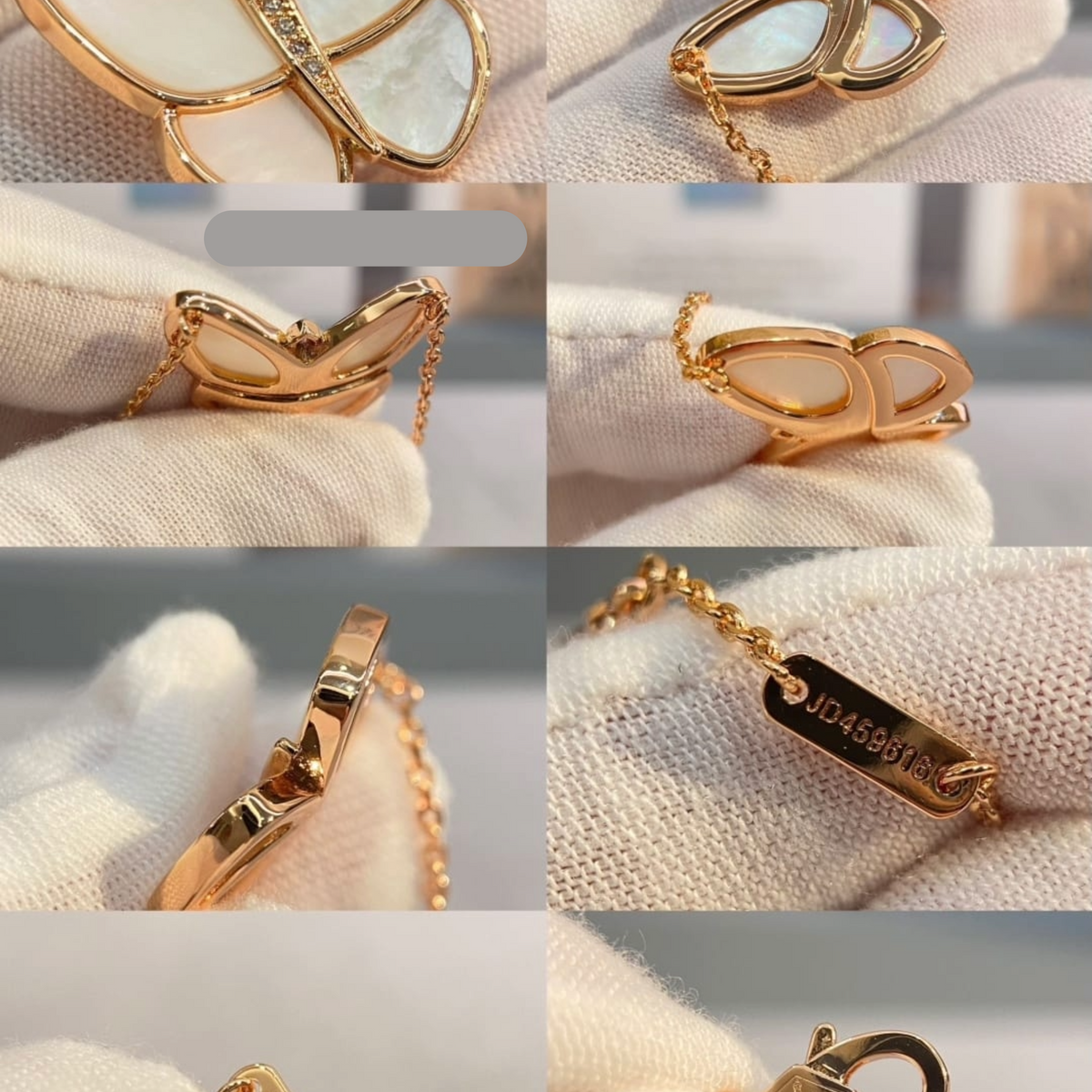 18K Gold Plated, Mother of Pearl Butterfly Necklace, Rose Gold, VCA Packaging
