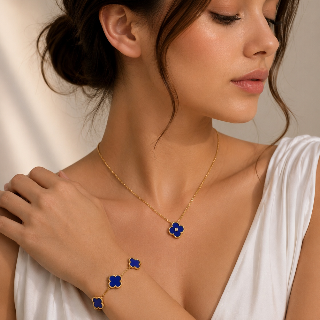 18K Gold Plated, Blue Chalcedony Clovers Jewelry Set, Yellow Gold, Bracelet, Pendent Necklace