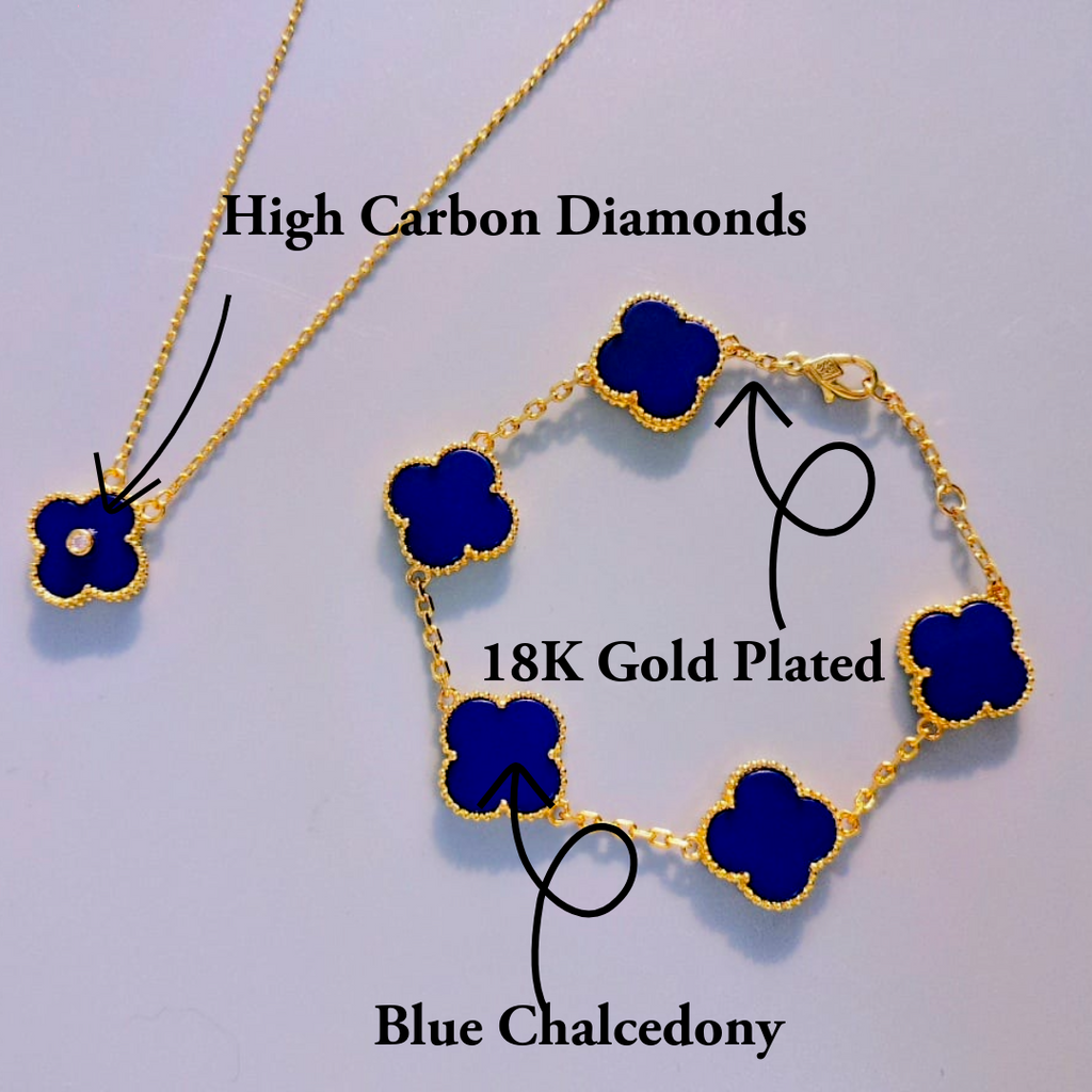 18K Gold Plated, Blue Chalcedony Clovers Jewelry Set, Yellow Gold, Bracelet, Pendent Necklace