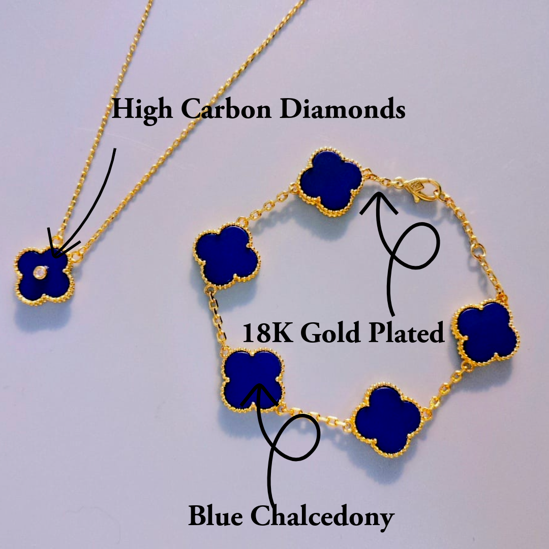 18K Gold Plated, Blue Chalcedony Clovers Jewelry Set, Yellow Gold, Bracelet, Pendent Necklace