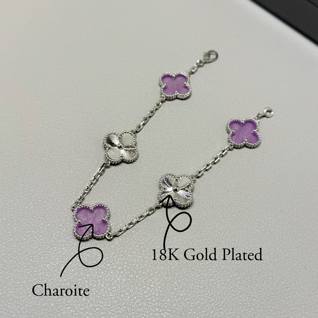 [RARE SALE] 18K White Gold Plated, Alhambra Bracelet, Charoite, Yellow Gold 5 motifs 19 cm, with VCA Box Set
