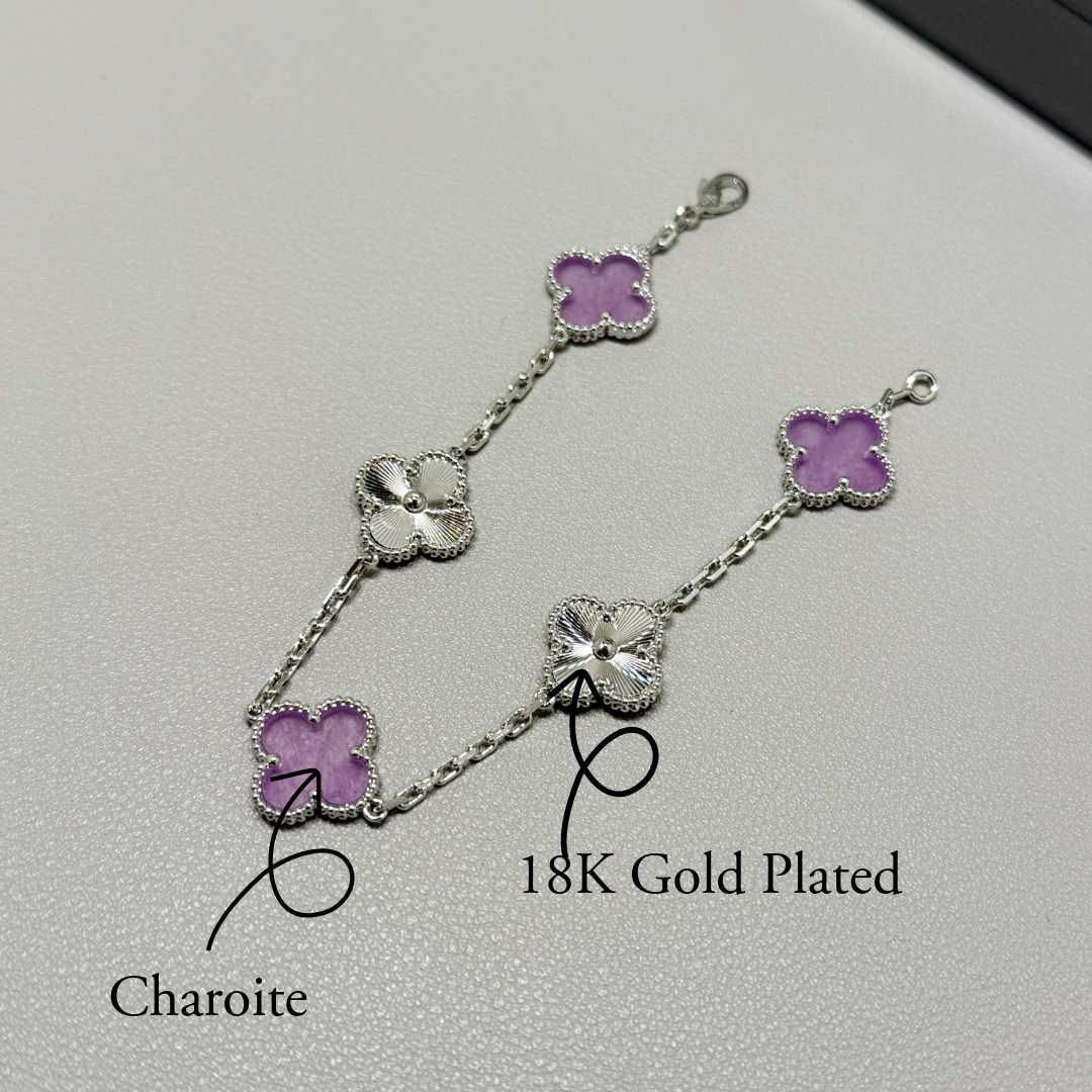 [RARE SALE] 18K White Gold Plated, Alhambra Bracelet, Charoite, Yellow Gold 5 motifs 19 cm, with VCA Box Set