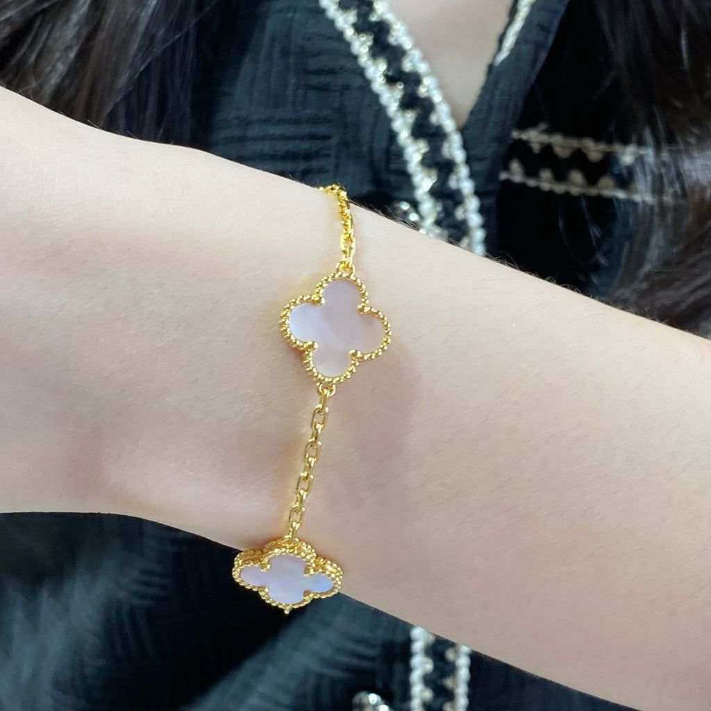 Pink Mother of Pearl Clover Bracelet, Gold Plated
