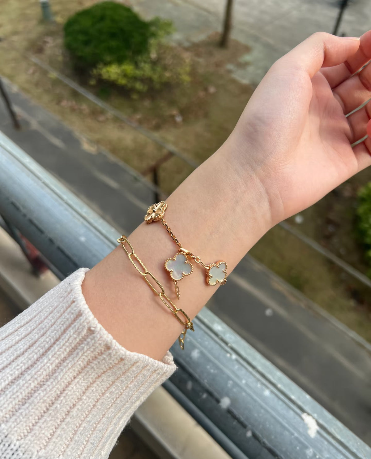Pink Mother of Pearl Clover Bracelet, 18K Gold Plated