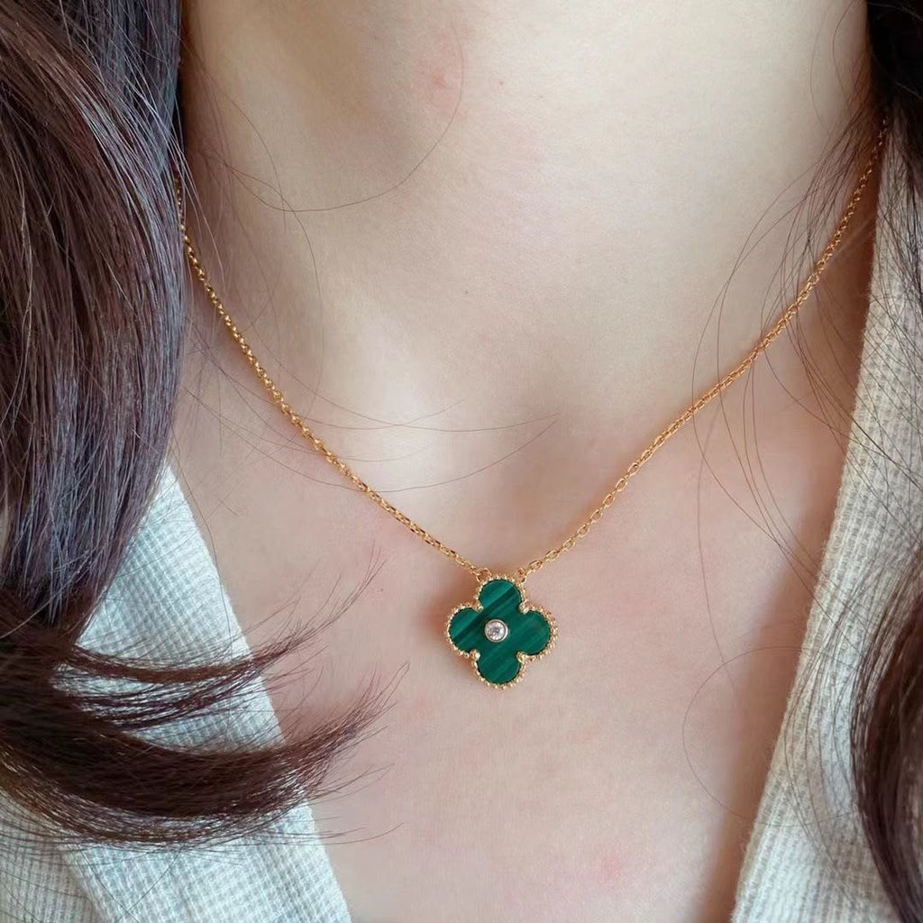 18K Gold Plated Alhambra Necklace, Yellow Gold with Malachite, with VCA Necklace box set
