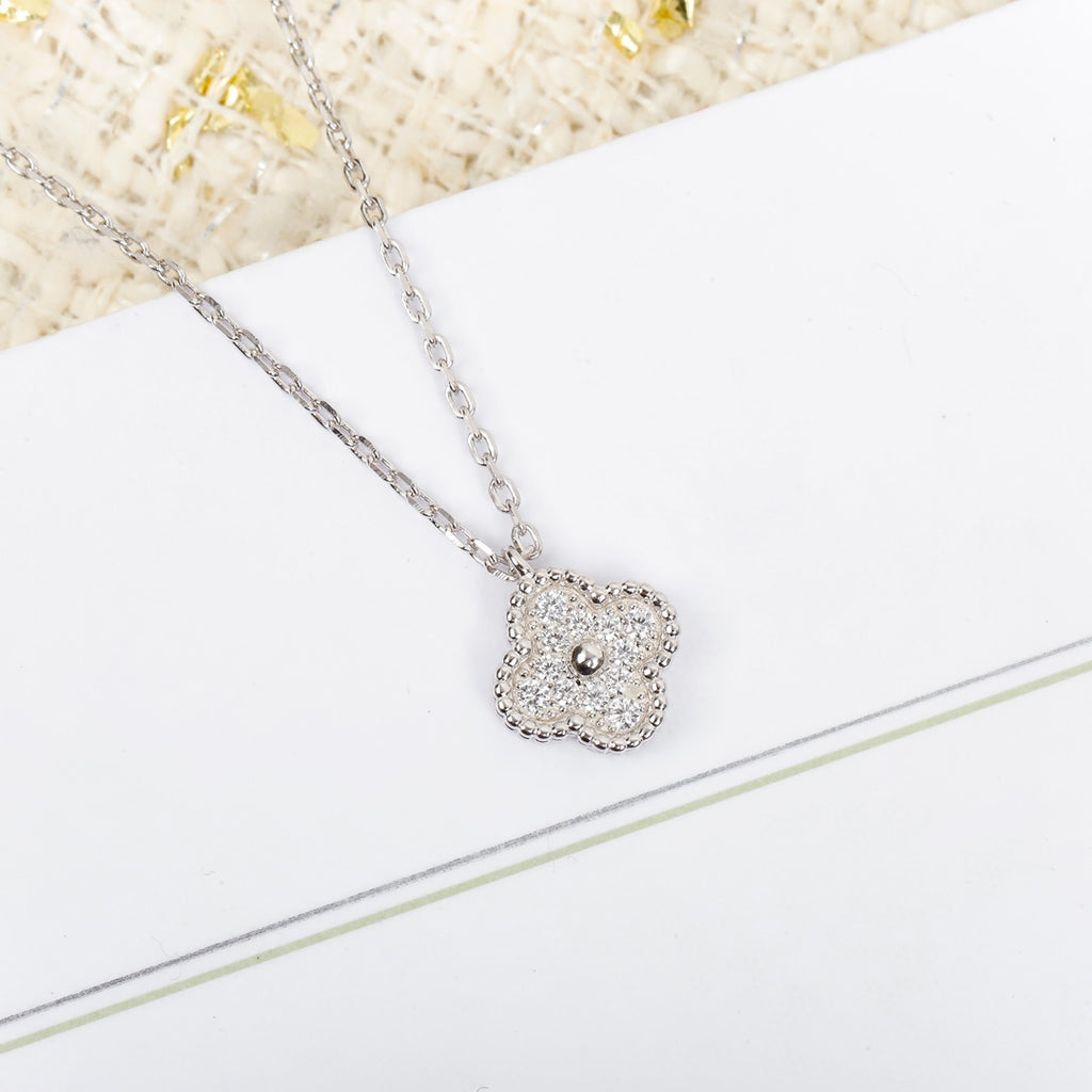 18K White Gold Plated Alhambra Necklace, White Gold with High Carbon Diamonds, with VCA Necklace box set