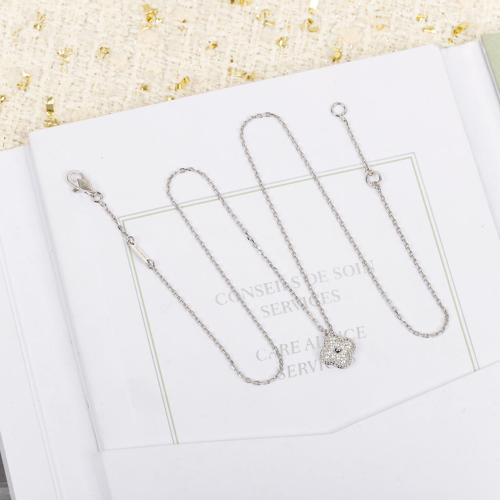 18K White Gold Plated Alhambra Necklace, White Gold with High Carbon Diamonds, with VCA Necklace box set