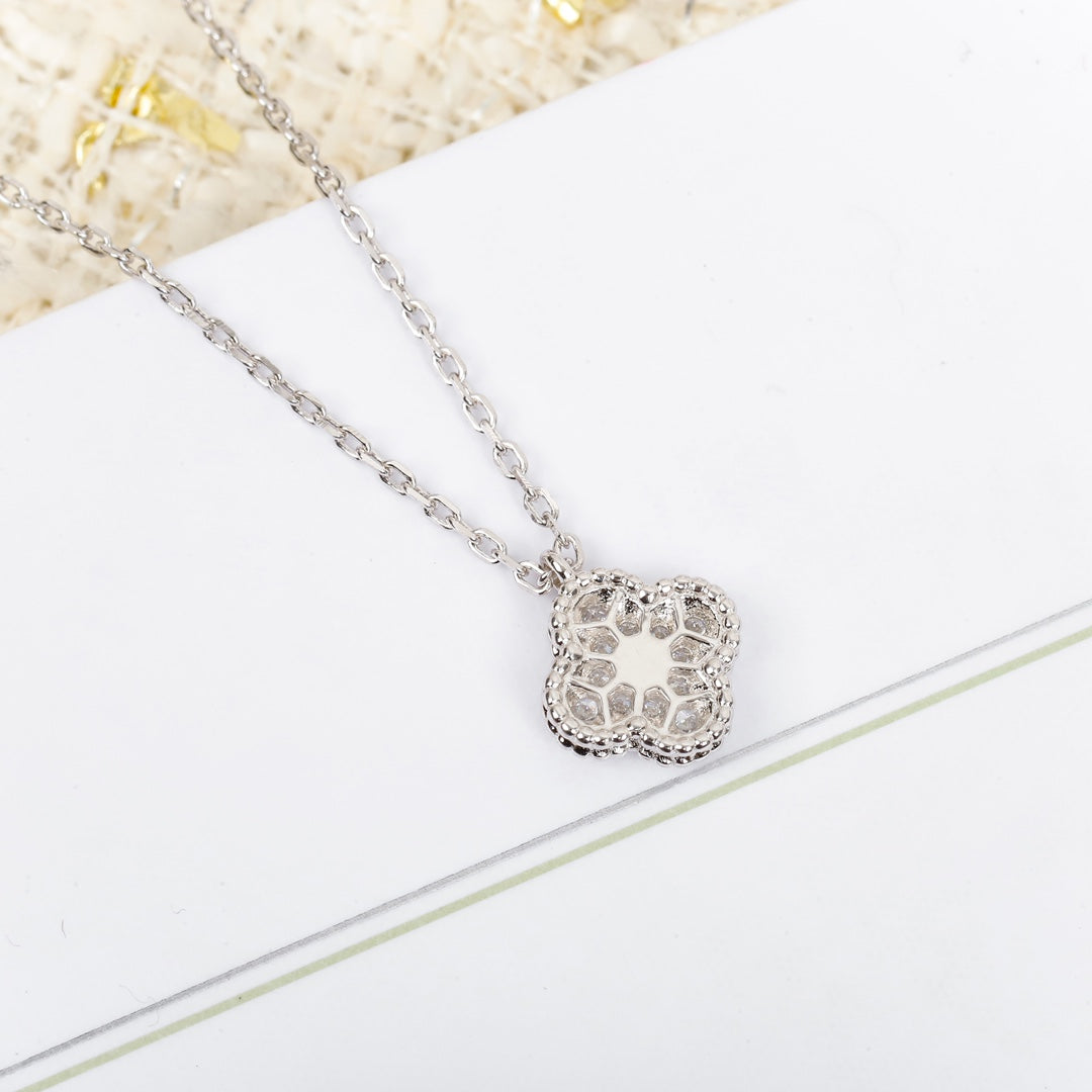 18K White Gold Plated Alhambra Necklace, White Gold with High Carbon Diamonds, with VCA Necklace box set