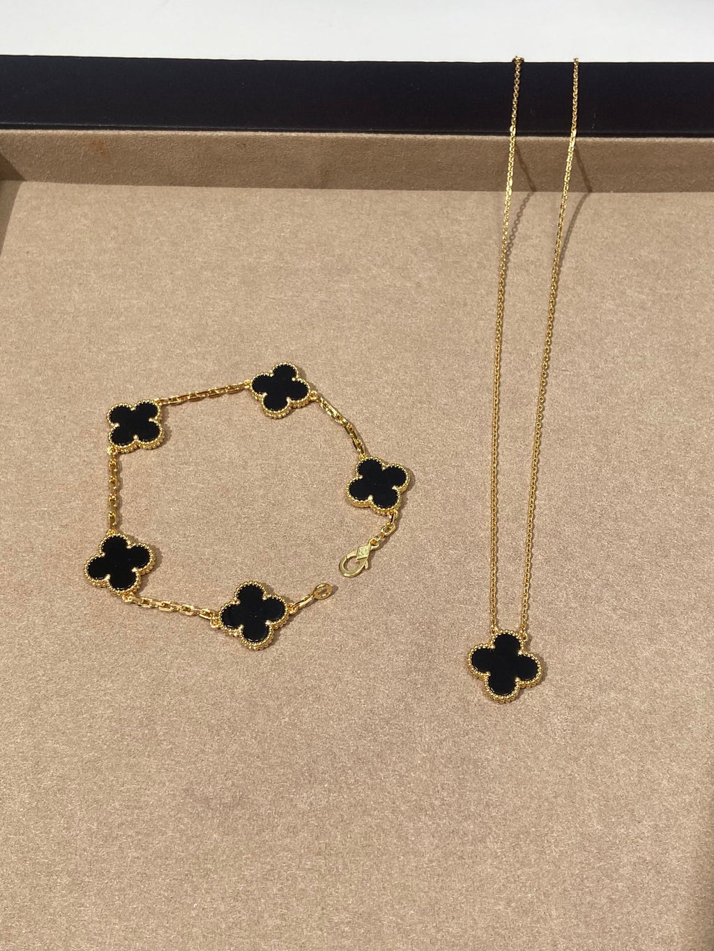 18K Gold Plated, Black Agate Clovers Jewelry Set, Yellow Gold, Bracelet, Pendent Necklace