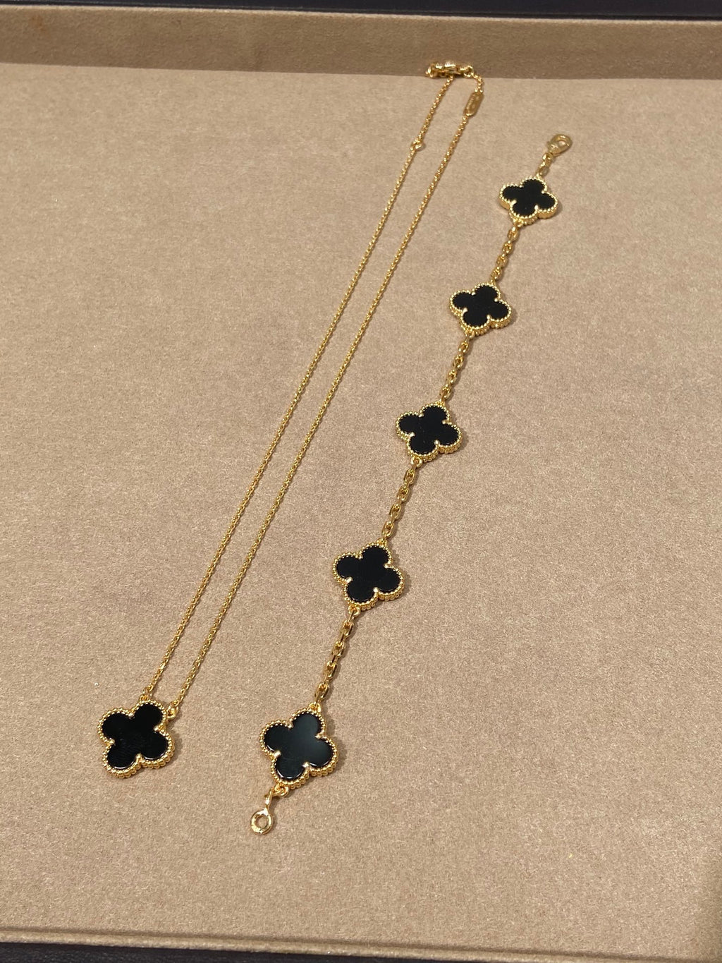 18K Gold Plated, Black Agate Clovers Jewelry Set, Yellow Gold, Bracelet, Pendent Necklace
