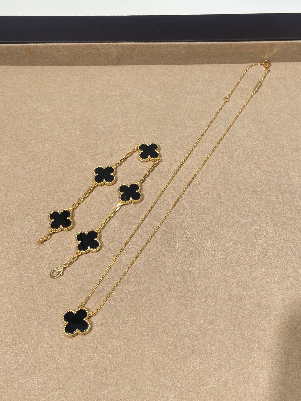 18K Gold Plated, Black Agate Clovers Jewelry Set, Yellow Gold, Bracelet, Pendent Necklace