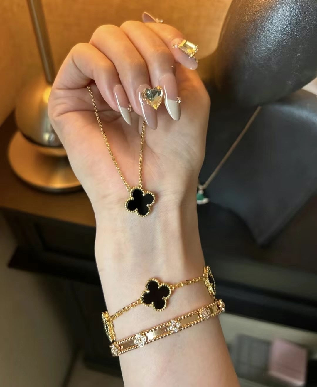 18K Gold Plated, Black Agate Clovers Jewelry Set, Yellow Gold, Bracelet, Pendent Necklace